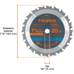 Disco de Sierra 7-1/4" para Madera 20 D Truper 18299