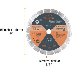 Disco diamantado Segmentado 9" x 2.7 mm para Concreto Truper 12976