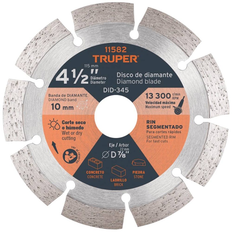 Disco diamantado Segmentado 4-1/2" x 2.1 mm para Concreto Truper 11582