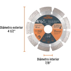 Disco diamantado Segmentado 4-1/2" x 2.1 mm para Concreto Truper 11582