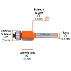 Fresa de Carburo 1/2"x 1/4" con Rodaje Corte Recto Truper 11444