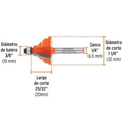 Fresa de Carburo Española 1-1/4" x 1/4" con Rodaje Truper 10676