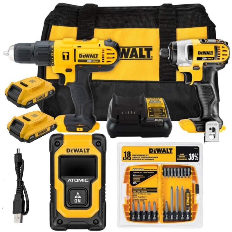 Taladro Per 1/2" + Ator de Imp 1/4" 20V DCK222D2-B2 + Medidor de Dist 16M DW055PL + Set para Ator 18Pz DW2174 Dewalt DCK222D2-K8