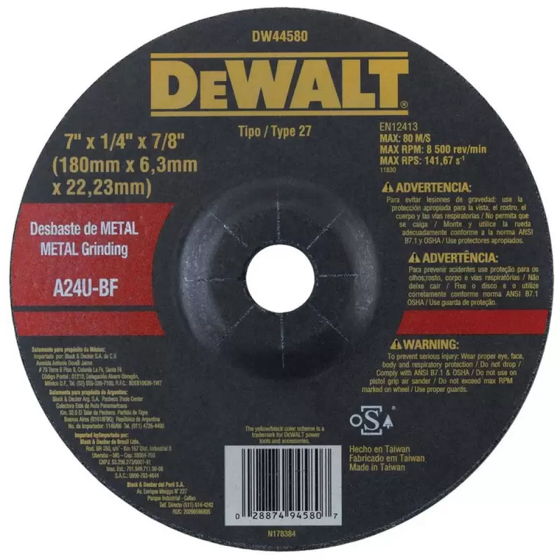 Disco de desbaste para metal 7" x 1/4" DW44580 Dewalt