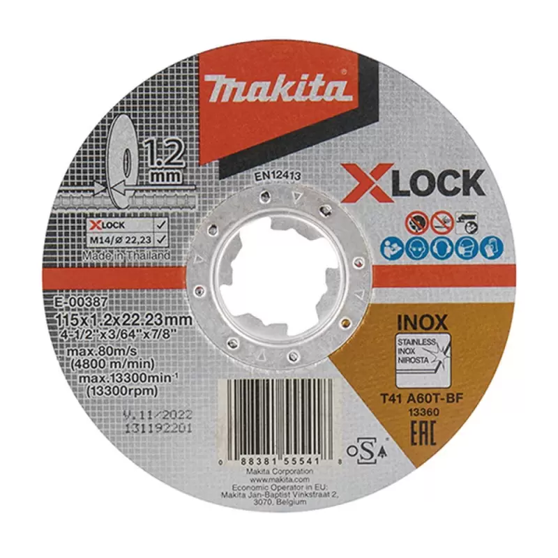 Disco Abrasivo Corte Metal 4.5" x 1.2mm. INOX. X-LOCK Makita E-00387