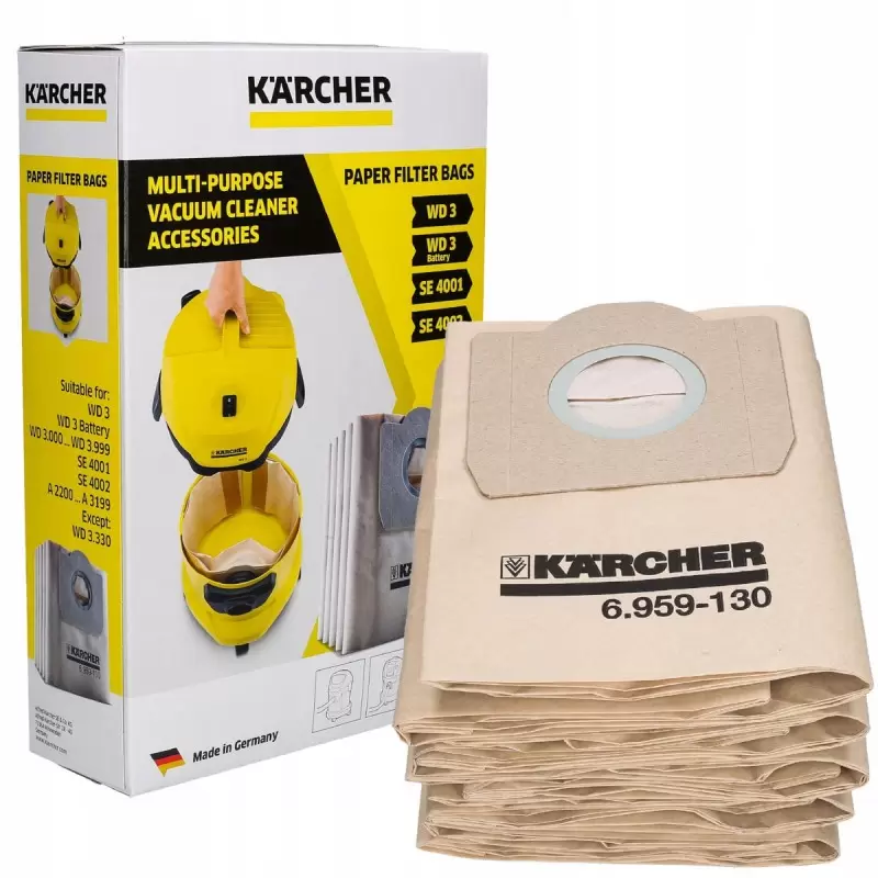 20 bolsas de aspiradora + 2 filtros para aspiradoras Karcher WD3 y MV3.  Alternativa para 6.959-130.0 (bolsa) y 6.414-552.0 (filtro de cartucho)