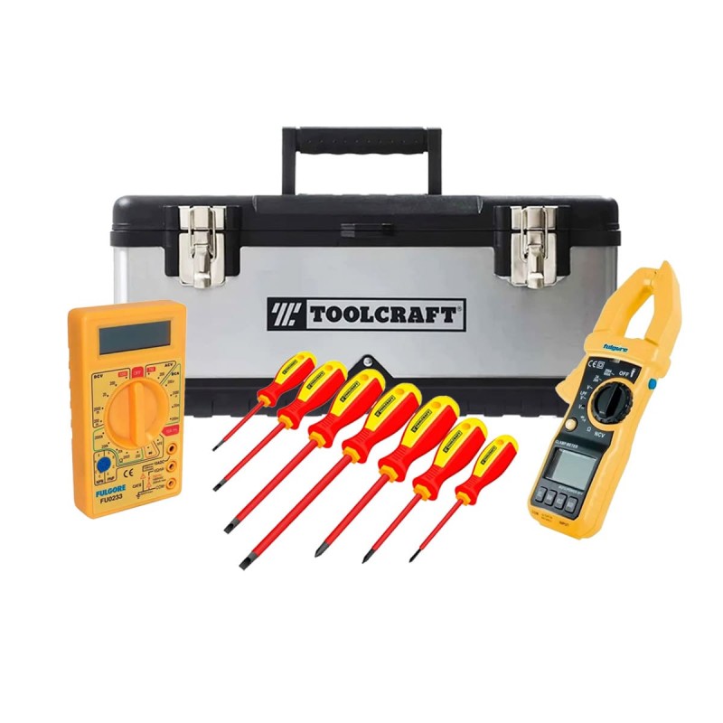 Combo Electricista Desarmadores + Multimetro + Pinza Amperimétrica + Caja de Herramientas Toolcraft TC0240-K1