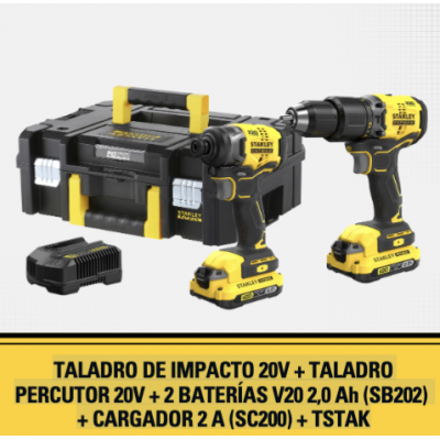 Taladro Impacto 20V + Taladro Percutor 13mm Fatmax + 2 Baterías 2AH + Cargador 2A + Maleta T-Stak SISTEMA V20 Stanley