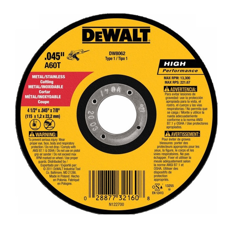Disco de Corte 4 1/2" x 1.2mm x 7/8" para Metal y Acero Inoxidable Dewalt DW8062 C
