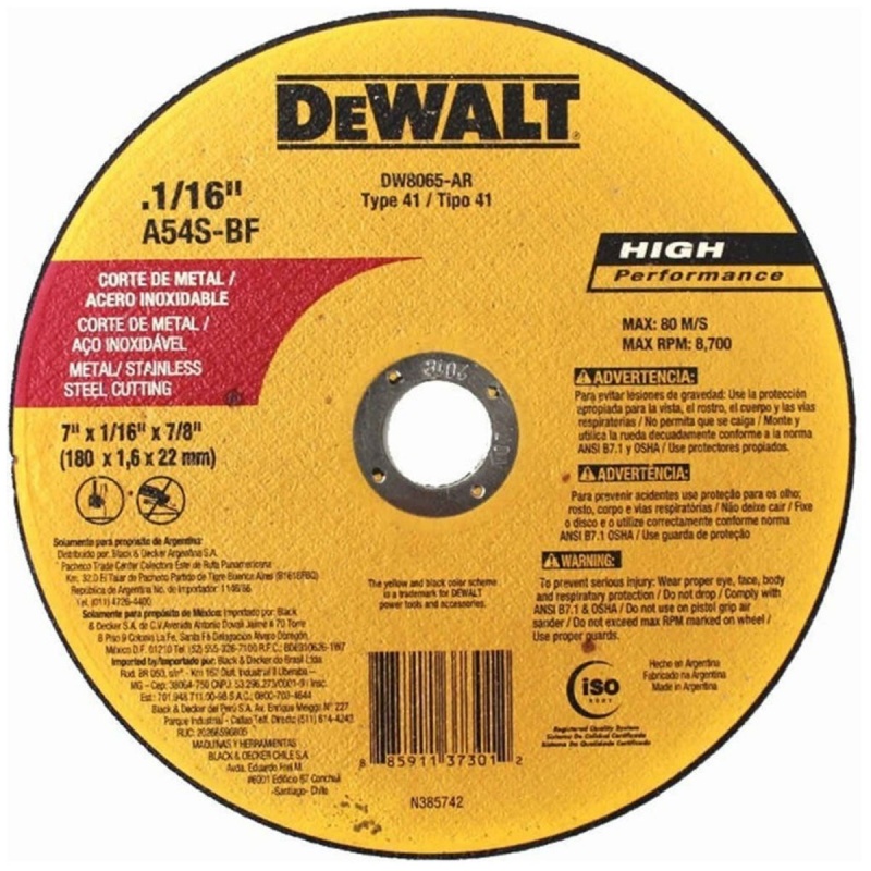 Disco de Corte 7" x 1.6mm x 7/8" para Metal y Acero Inoxidable Dewalt DW8065 C