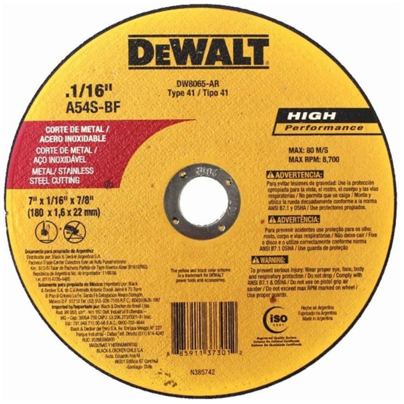 Disco de Corte para Metal 7" x 1/16" x 7/8" Dewalt DW8065 C