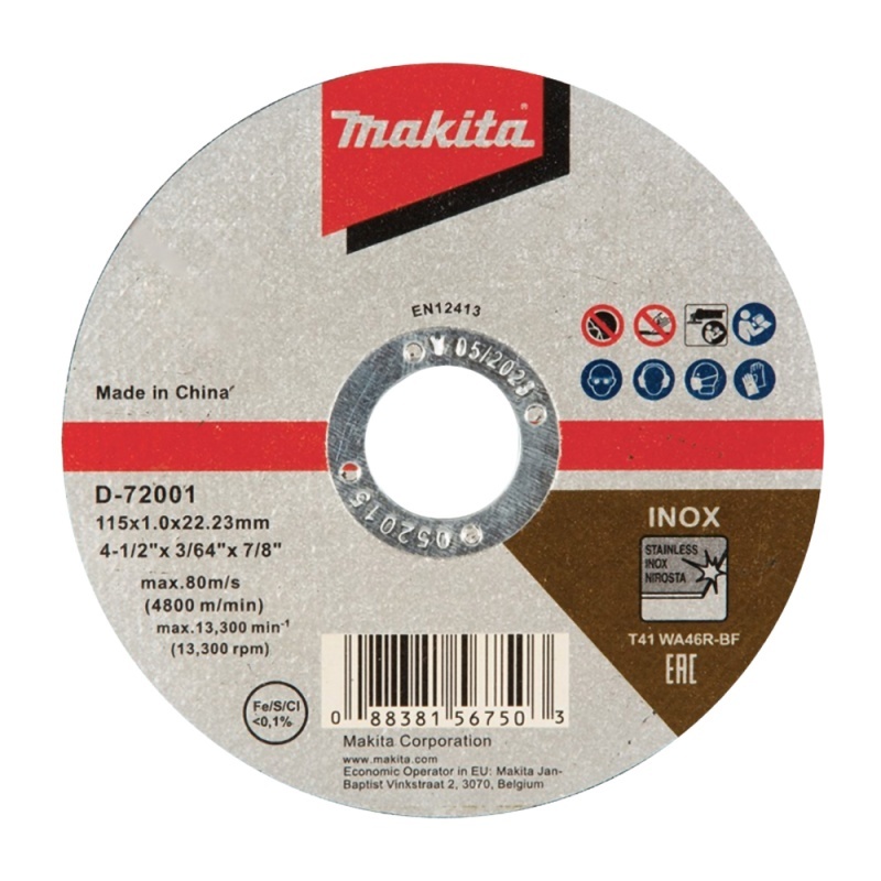 Disco de Corte Abrasivo 4 1/2" x 1mm para Inox 100 Unidades Makita D-72001-100