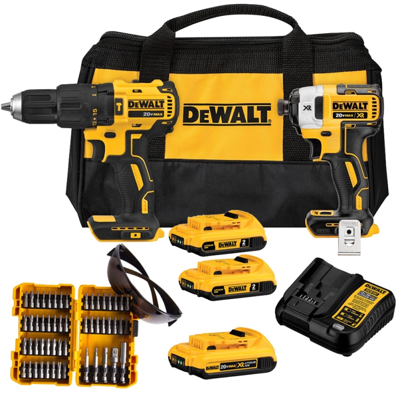 Taladro Perc 1/2" + Atornillador de Impacto 1/4" Hex 20V Brushless Set 53 Pzs + Bat Dewalt