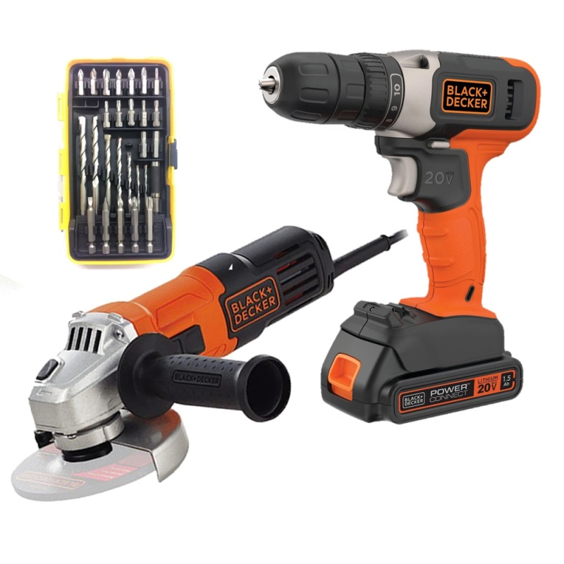 Taladro Percutor 3/8" 20V 1 Bat + Amoladora 4 1/2" 650W + Set de Accesorios 27 Pzs Black + Decker BCD704C1-K7