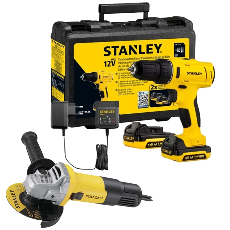 Taladro Atornillador 3/8" 12V 2 Bat + Amoladora 4 1/2" 750W Stanley SCD121S2K-K4