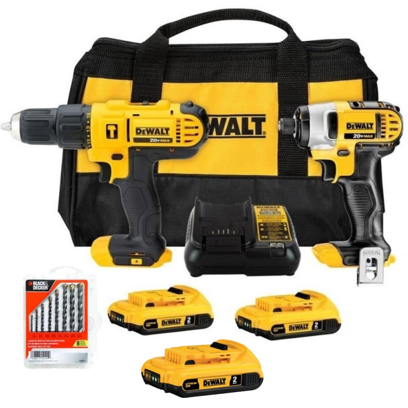 Taladro Perc 1/2" + Atornillador de Impacto 1/4" 20V + Set de Brocas + Batería 2.0 Ah Dewalt