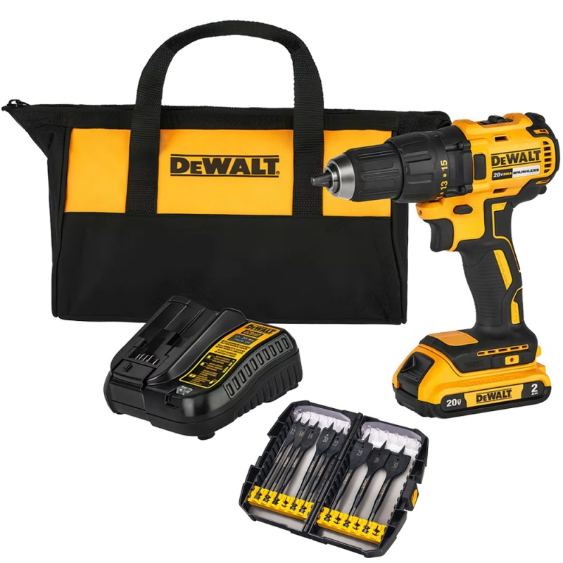 Taladro Atornillador 1/2" 20V Brushless 1 Bat y Carg + Set de Brocas 1/4" Hex 8 Pzs DCD7771D1-K10