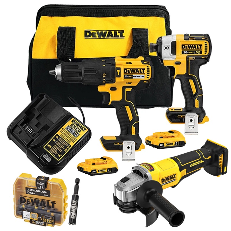 Taladro Perc 1/2" + Atorn de Impacto 1/4" 20V Brushless + Amoladora 4 1/2" + Set de Puntas 16 Pzs Dewalt