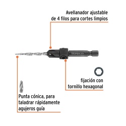 Broca Avellanadora HSS 1/4" Hex 3.5 x 44mm para Madera Truper 102375