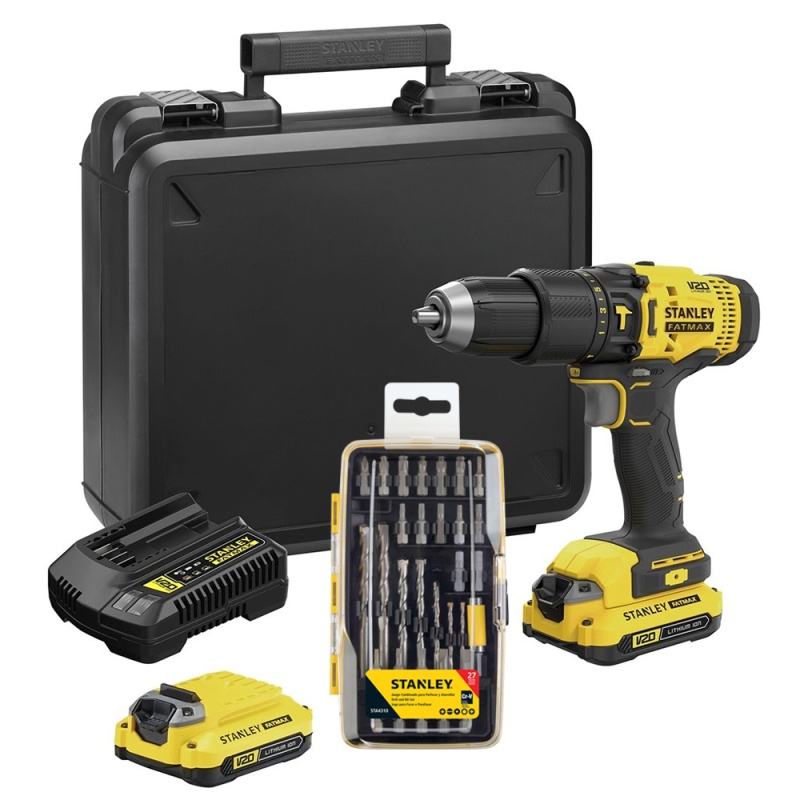 Taladro Percutor 1/2" 20V 2 Bat 1.5 Ah + Accesorios 27 Piezas Stanley SCD711C2K-K3