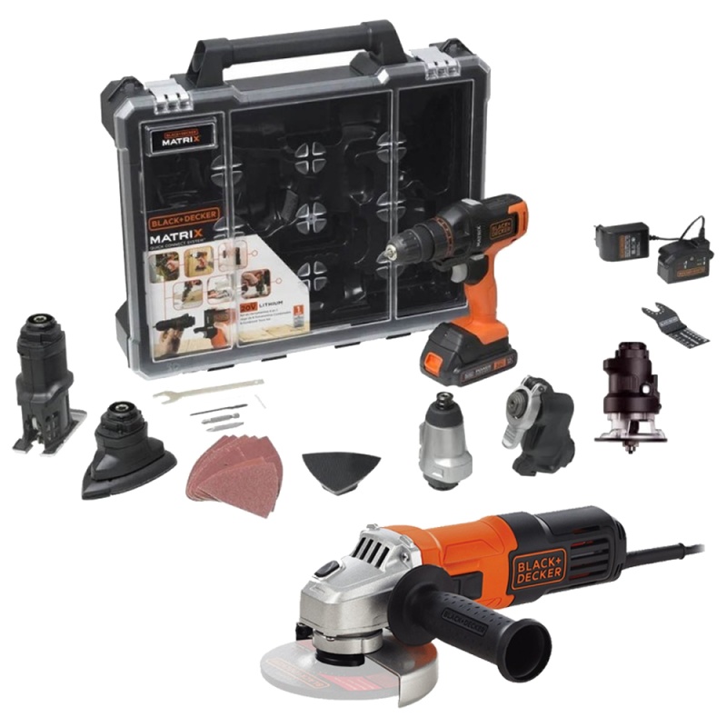 Taladro Atornillador 3/8" 20V Matrix 6 en 1 + Amoladora 4 1/2" 650W Black + Decker