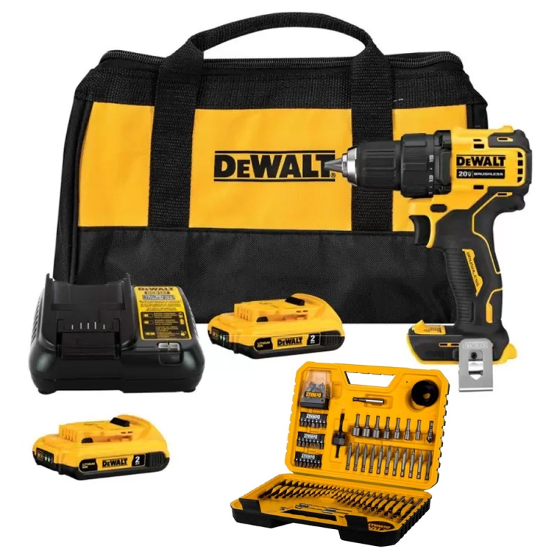 Taladro Atornillador 1/2" 20V XR 2 Bat + Set de Atornilladores 100 Pz Dewalt DCD708D2-K10