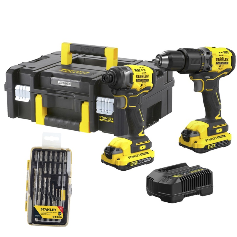 Atornillador de Impacto 1/4" + Taladro Perc 1/2" 20V Fatmax 2 Bat T-Stak + Set p/ Perforar y Atornillar 27 Pzs Stanley