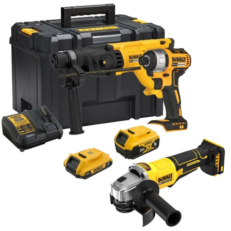 Rotomartillo Sds-Plus + Atornillador de Impacto 1/4" 20V 2 Bat + Amoladora 4 1/2" Dewalt DCK260D1P1T-K8