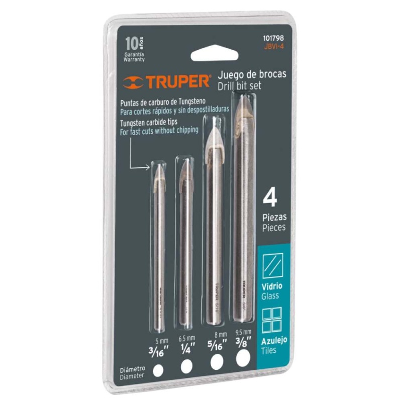 Juego de Brocas para Vidrio 4 Piezas Truper 101798