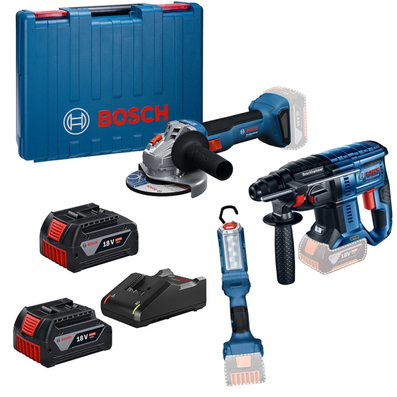 Amoladora 5" 2 Bat + Rotomartillo Sds-Plus 18V Brushless + Linterna Bosch