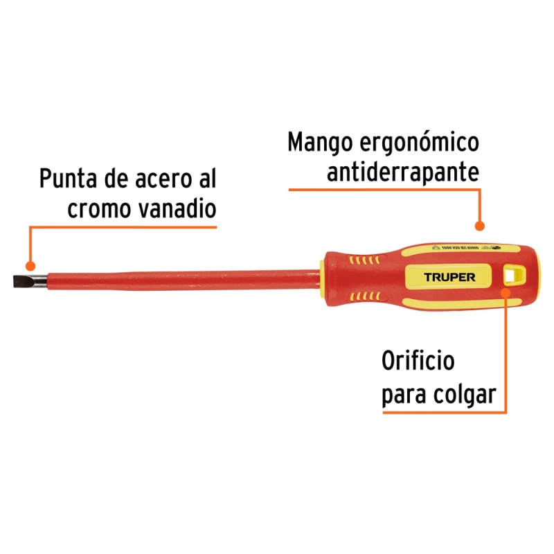 Desarmador Plano 1/4" x 6" Aislado Truper 102243