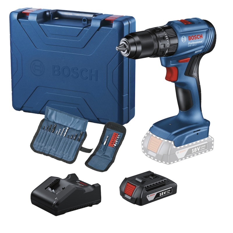 Taladro Percutor 1/2" 18V Brushless 1 Bat y Carg + Set 23 pzs Bosch GSB 185-LI