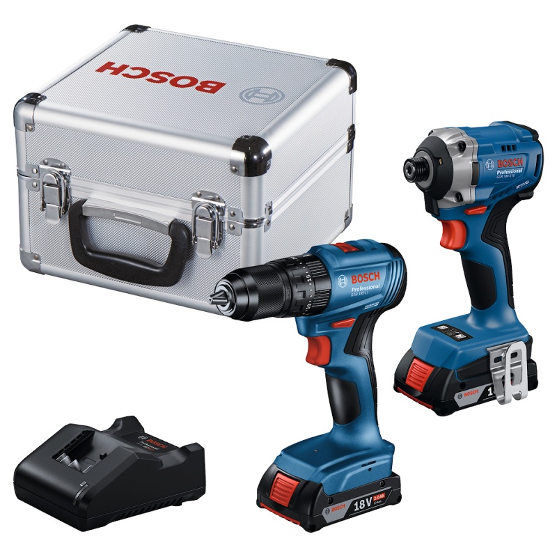 Taladro Percutor 1/2" GSB 185-LI + Atorn de Impacto 1/4" Hex 18V Brushless GDR 18V-215 + Maleta Alum Bosch