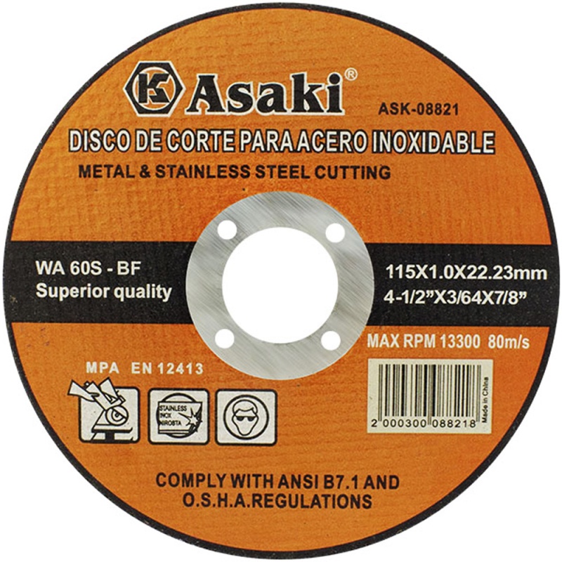 Disco de Corte 4 1/2" x 1mm x 7/8" para Metal y Acero Inoxidable Asaki ASK08821