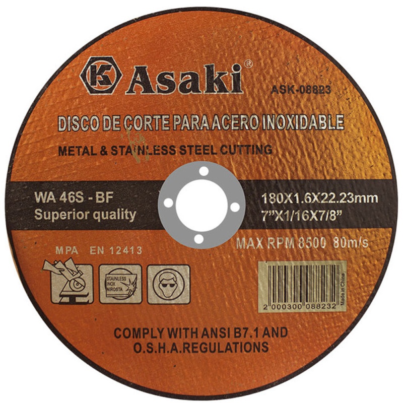 Disco de Corte 7" x 1.6mm x 7/8" para Metal y Acero Inoxidable Asaki ASK08823