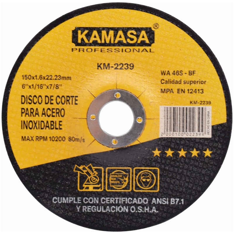 Disco de Corte 6" x 1.6mm x 7/8" para Acero Inoxidable Kamasa KM2239
