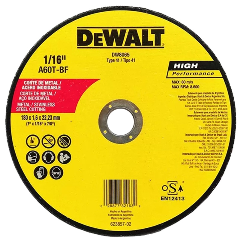 Disco de Corte 7" x 1.6mm x 7/8" para Metal y Acero Inoxidable Dewalt DW8065