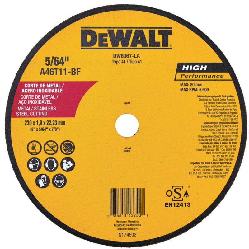 Disco de Corte 9" x 1.9mm x 7/8" para Metal y Acero Inoxidable Dewalt DW8067-LA