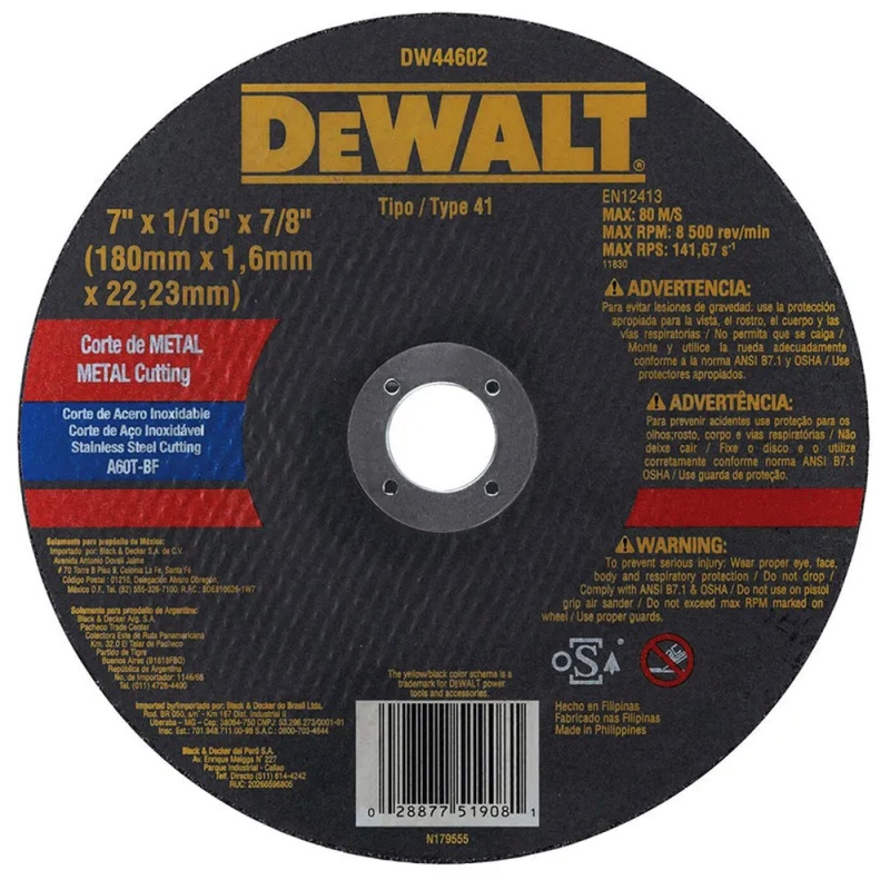 Disco de Corte 7" x 1.6mm x 7/8" para Metal y Acero Inoxidable Dewalt DW44602