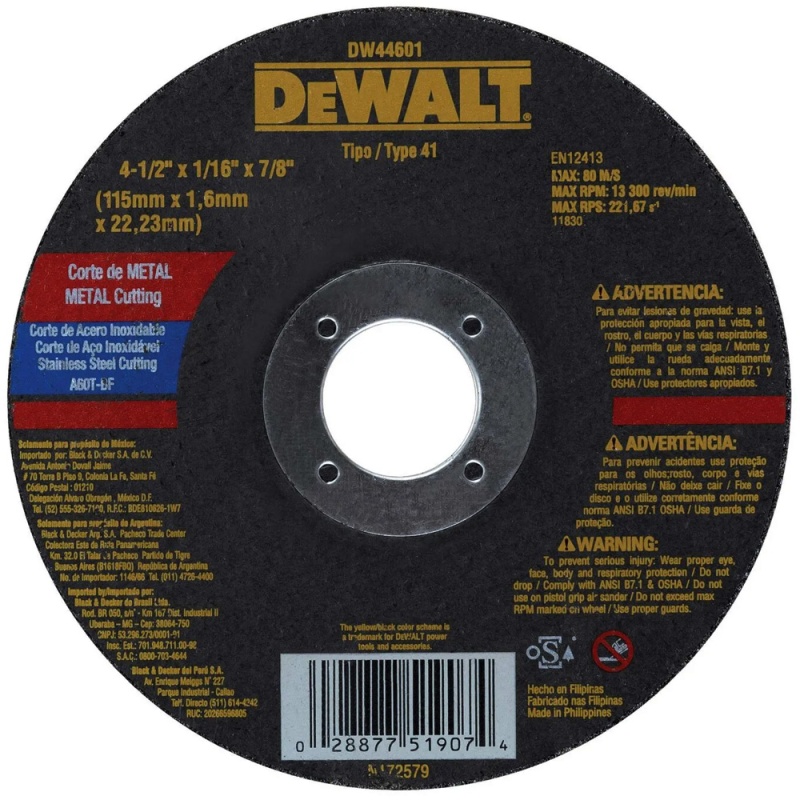 Disco de Corte 4 1/2" x 1.6mm x 7/8" para Metal y Acero Inoxidable Dewalt DW44601