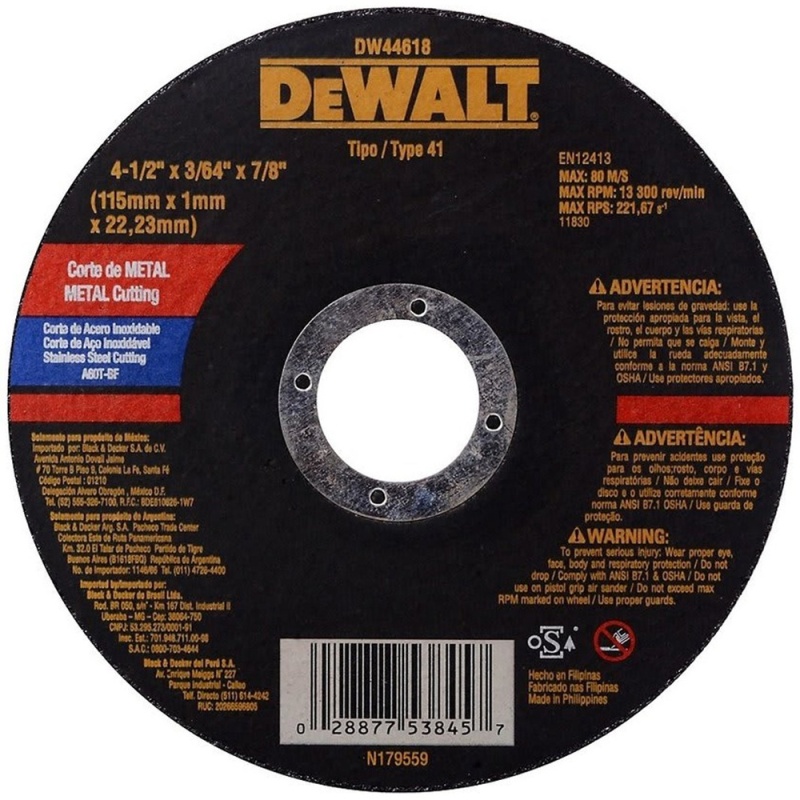 Disco de Corte 4 1/2" x 1mm x 7/8" para Metal y Acero Inoxidable Dewalt DW44618