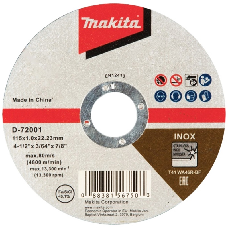 Discos de Corte 4 1/2" x 1mm x 7/8" para Acero Inoxidable 50 Und. Makita D-72001-50