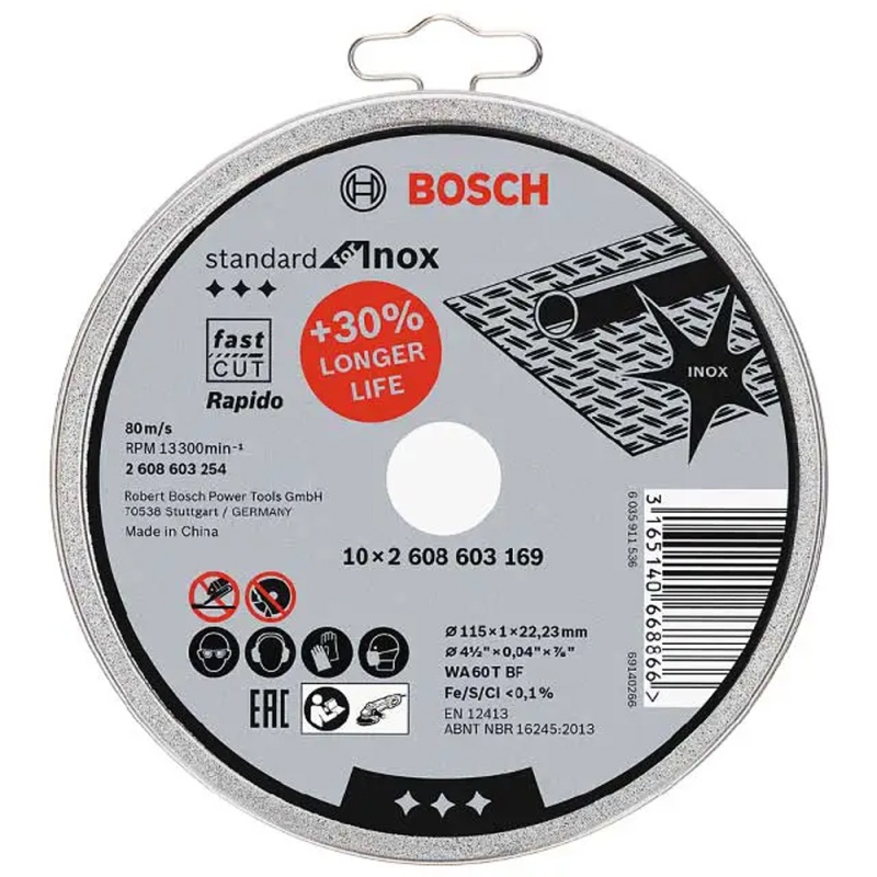 Discos de Corte 4 1/2" x 1mm x 7/8" para Acero Inoxidable 10 Und. Bosch 2608.603.254-000