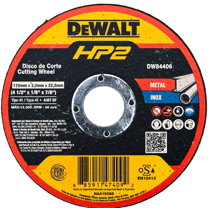 Disco de Corte 4 1/2" x 3.2mm x 7/8" para Metal y Acero Inoxidable Dewalt DW84406