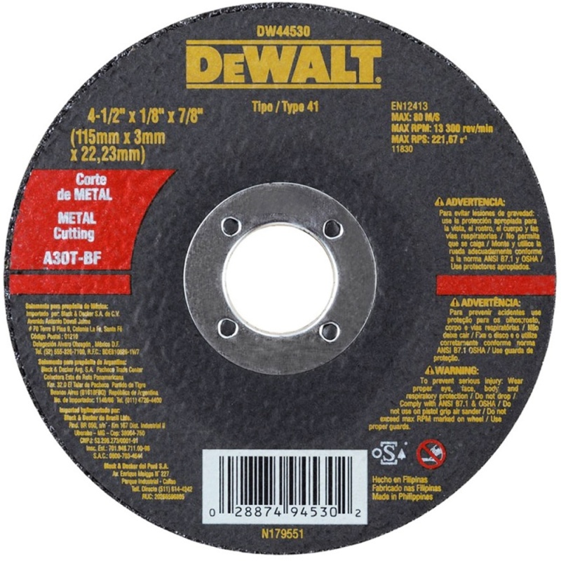 Disco de Corte 4 1/2" x 3mm x 7/8" para Metal y Acero Inoxidable Dewalt DW44530