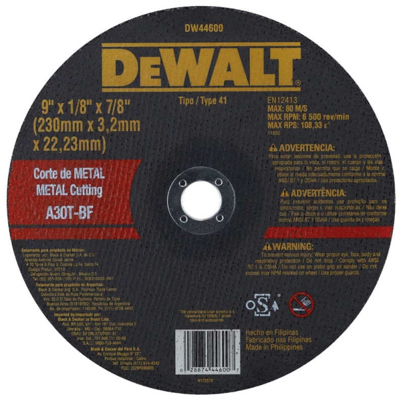 Disco de Corte 9" x 3.2mm x 7/8" para Metal Dewalt DW44600