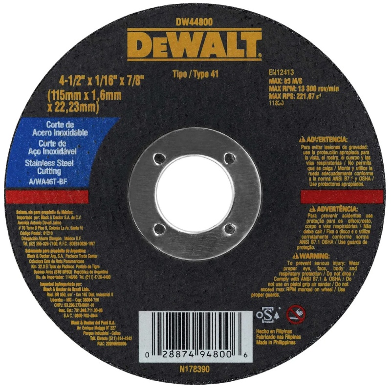 Disco de Corte 4 1/2" x 1.6mm x 7/8" para Acero Inoxidable Dewalt DW44800