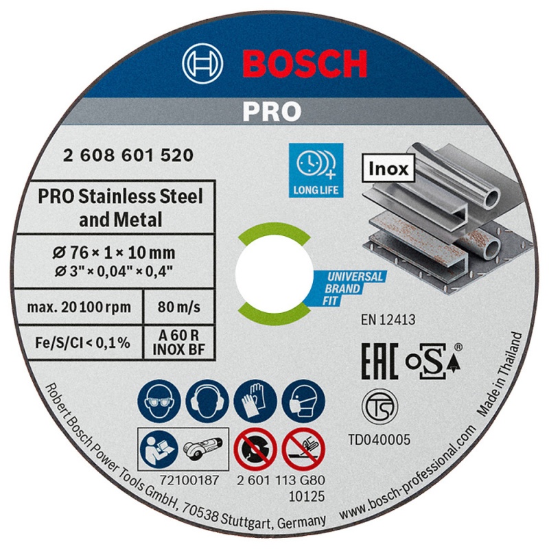 Discos de Corte 3" x 1 x 10mm para Metal y Acero Inoxidable 5 Und. Bosch 2608.601.520-000