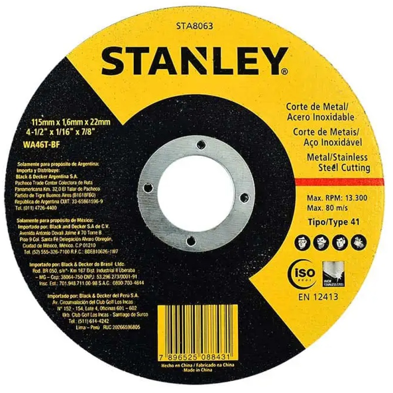 Disco de Corte 4 1/2" x 1.6mm x 7/8" para Metal y Acero Inoxidable Stanley STA8063