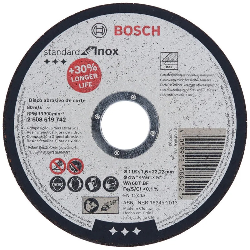 Disco de Corte 4 1/2" x 1.6mm x 7/8" para Acero Inoxidable Bosch 2608.619.742-000